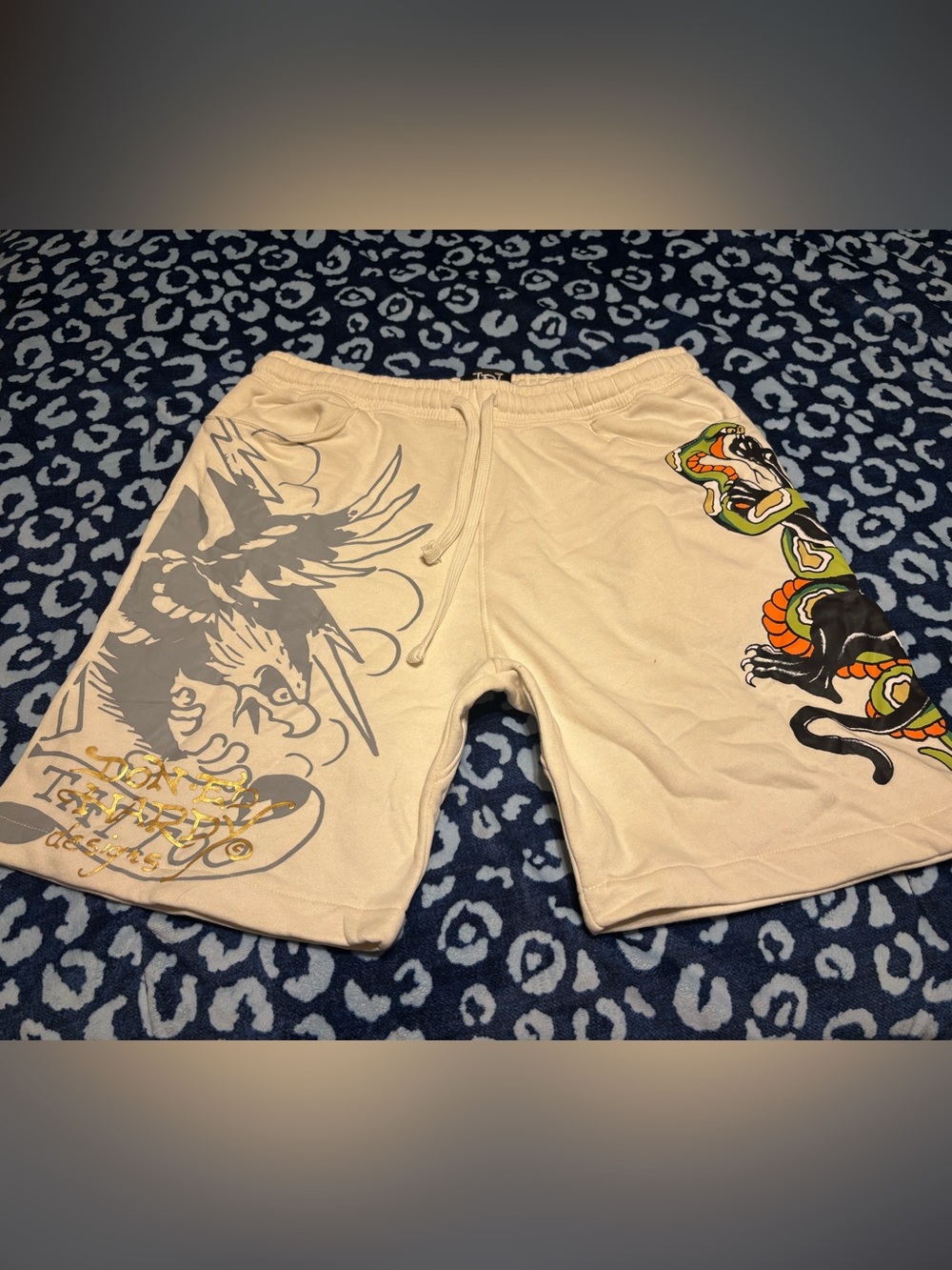 Ed Hardy Cream Graphic Dragon & Snake Athletic Shorts